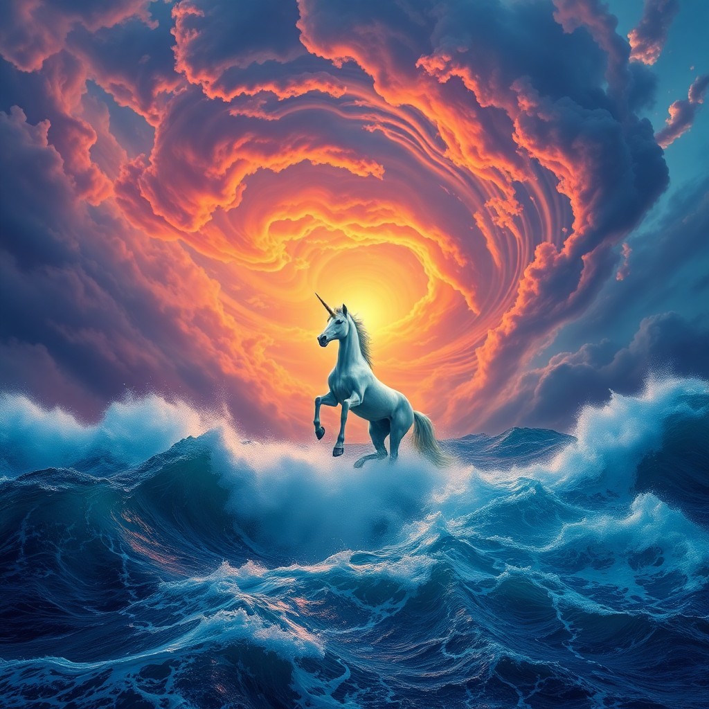 AI generated art for prompt: Craft an image depicting a surreal dreamscape with a majestic unicorn floating amidst tumultuous wav