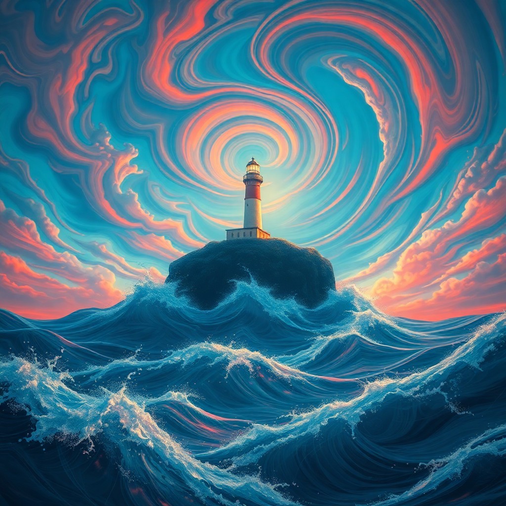 AI generated art for prompt: Dive into an enchanting seascape where swirling skies of vivid blue and red hues merge with impossib