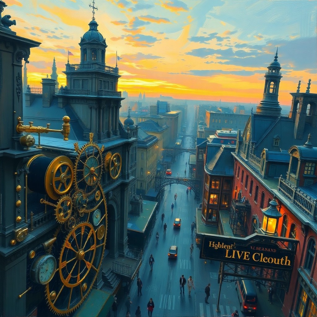 AI generated art for prompt: A captivating blend of impressionism and steampunk elements depicts a bustling Victorian-era city at