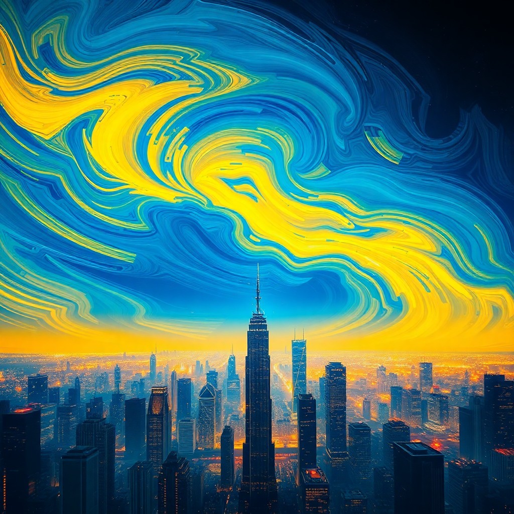 AI generated art for prompt: A surreal fusion of a dreamlike cityscape and a painterly sky, where the horizon is split by swirlin