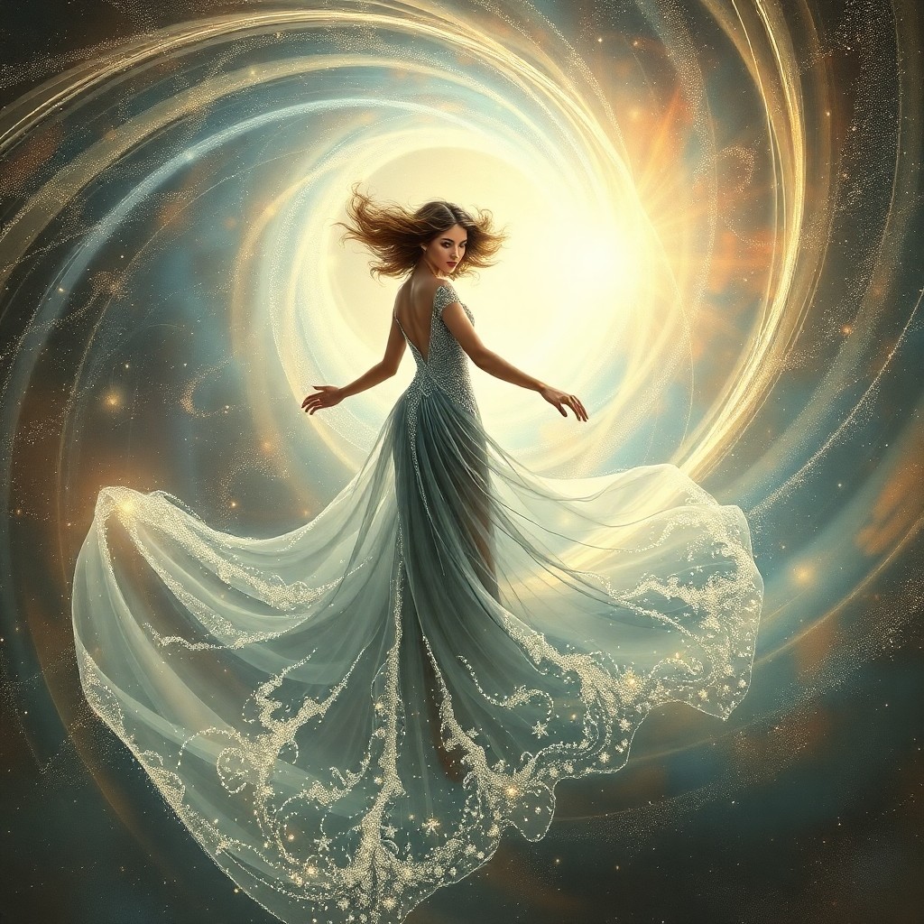 AI generated art for prompt: A captivating Art Nouveau-inspired image showcases a celestial enchantress gracefully dancing amidst