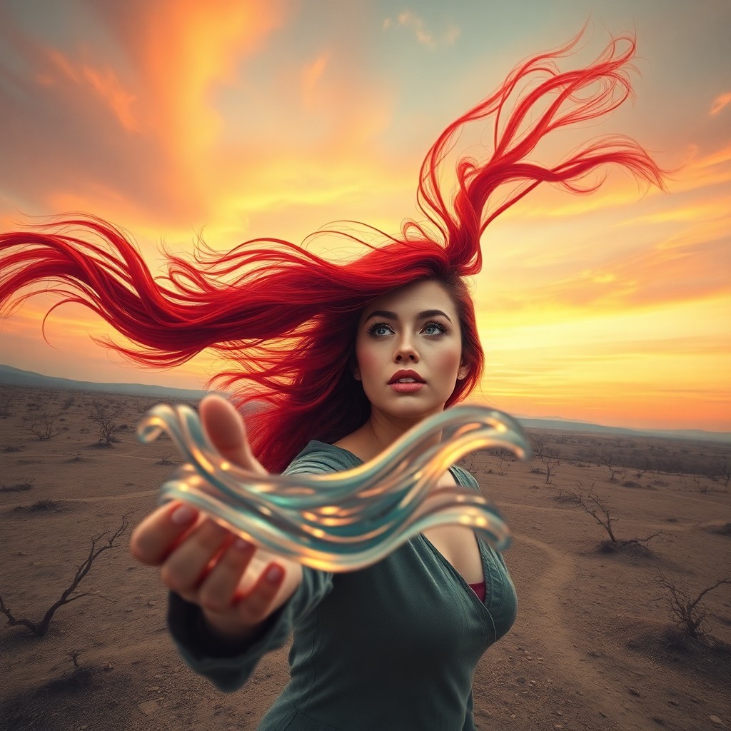 AI generated art for prompt: A surreal portrait depicts a woman with vibrant red hair flowing freely amidst a barren landscape un