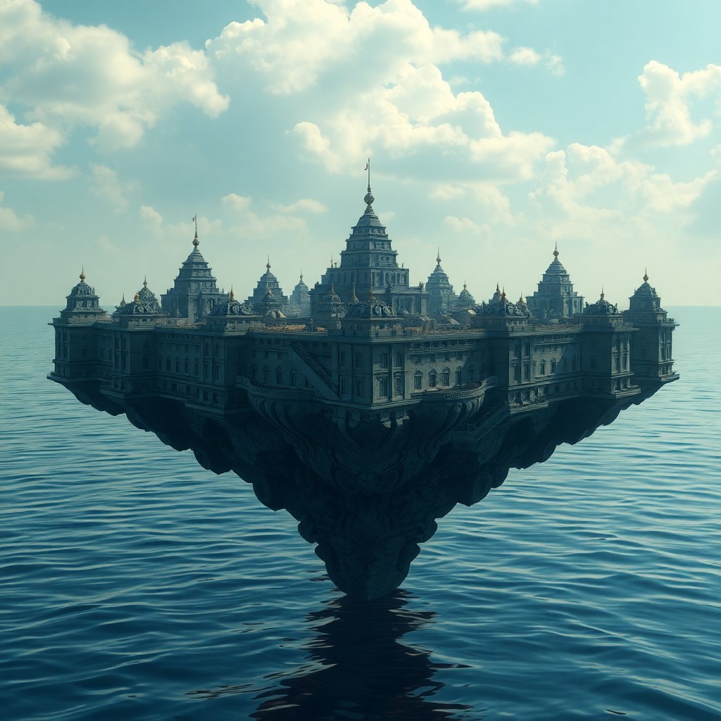 AI generated art for prompt: A surreal digital artwork depicting an enigmatic floating cityscape composed of inverted ziggurats s