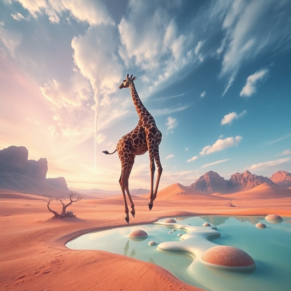 AI generated art for prompt: A dreamlike landscape depicting an ethereal giraffe with elongated limbs and neck gracefully floatin