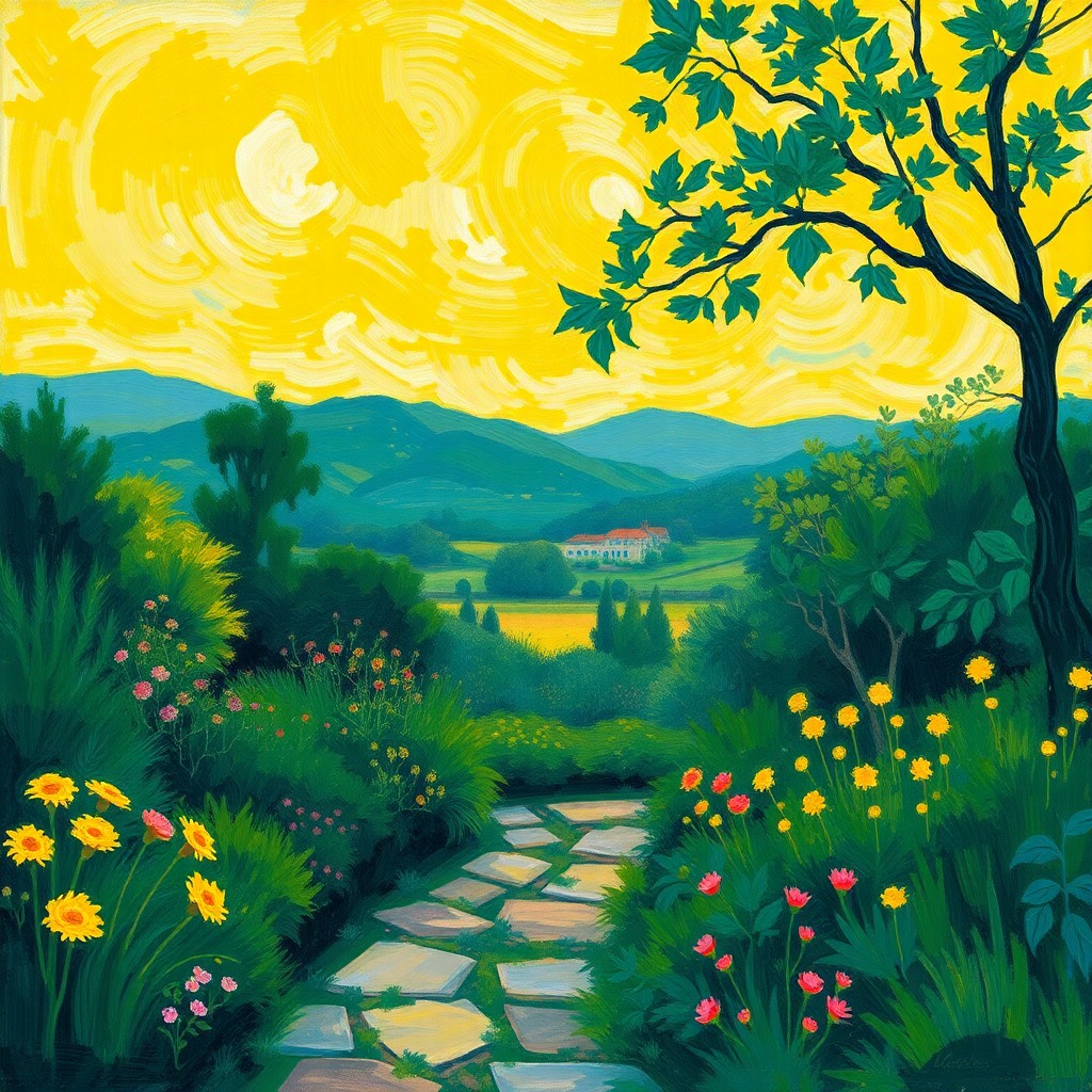 AI generated art for prompt: Imagine an idyllic garden vista, rendered in a serene and expressive style reminiscent of Vincent va