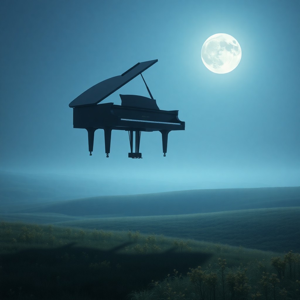 AI generated art for prompt: A surreal digital artwork depicting a grand piano gracefully suspended in mid-air over a tranquil, m