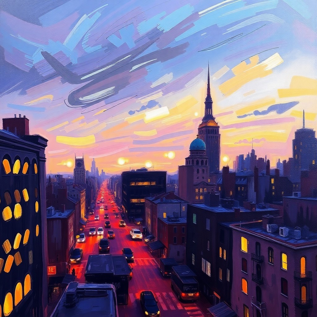 AI generated art for prompt: Imagine an impressionistic cityscape at dusk, observed from a unique vantage point that captures the