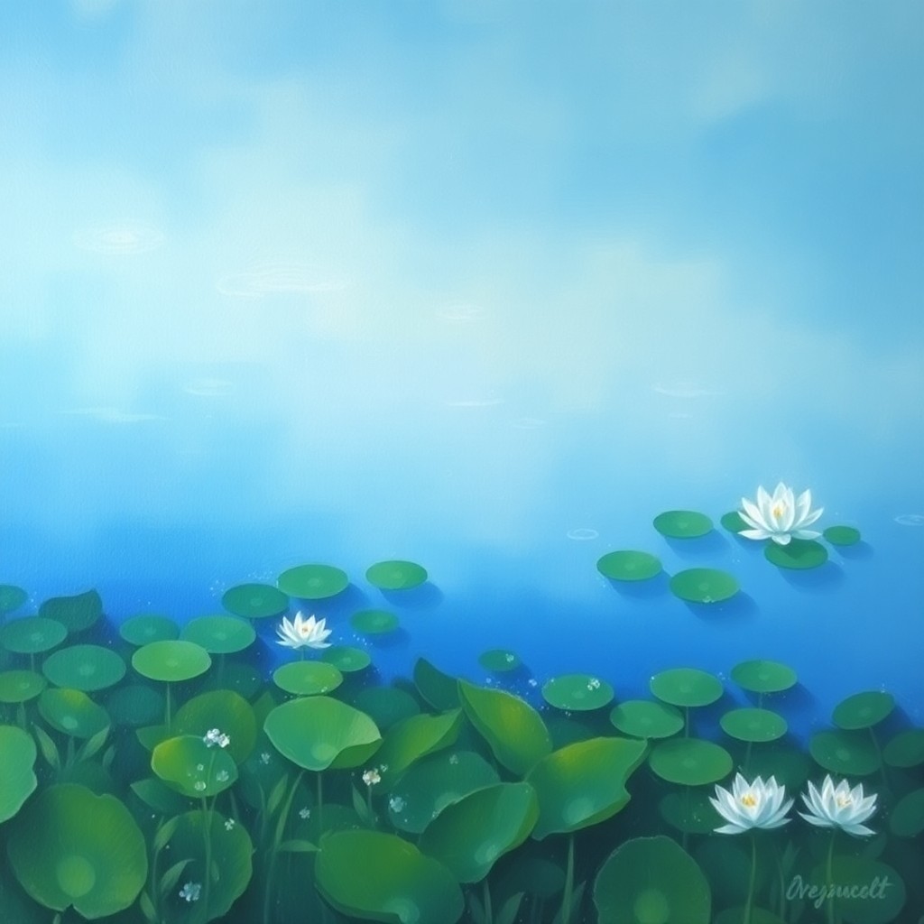 AI generated art for prompt: A serene pond comes to life in an impressionistic seascape, resembling Monet's Water Lilies series, 