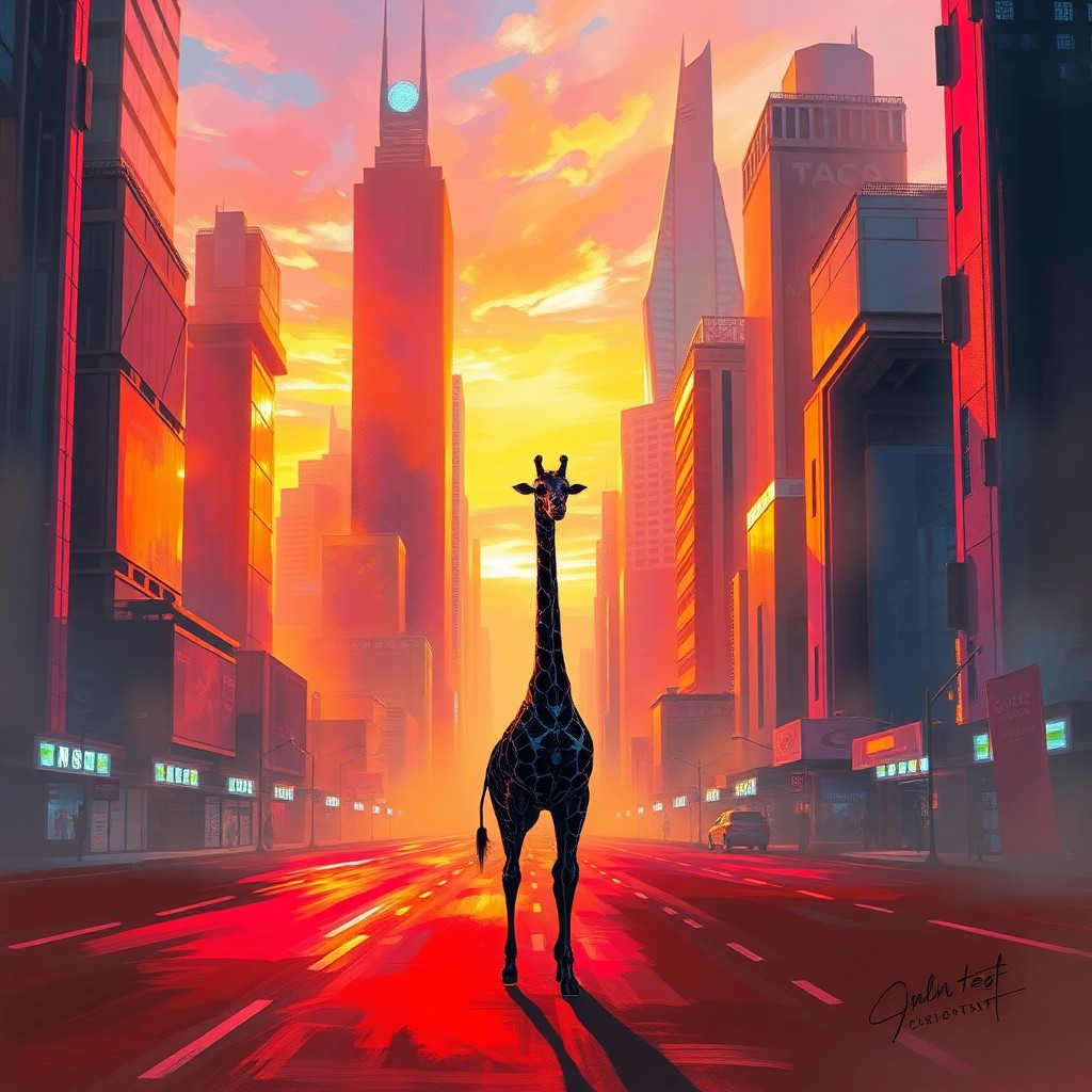 AI generated art for prompt: A futuristic cityscape bathed in the warm glow of sunset, where towering skyscrapers reach towards t