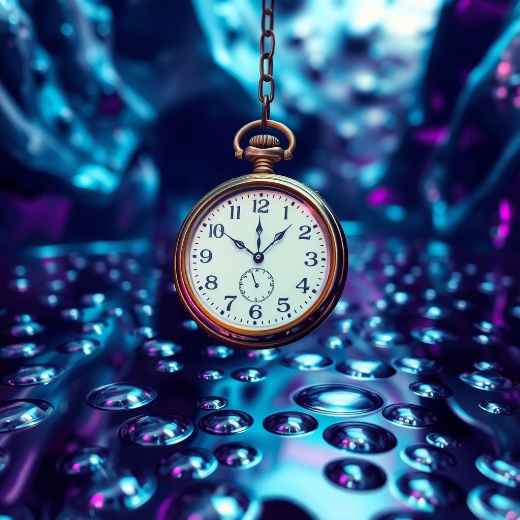 AI generated art for prompt: A surreal image depicting an antique pocket watch suspended in mid-air above a bubbling, reflective 