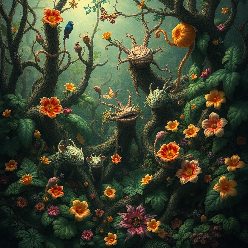 AI generated art for prompt: Craft an image depicting a dense forest floor, teeming with fantastical flora and fauna in the style