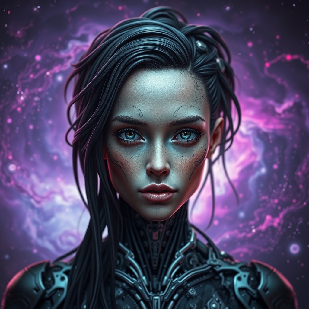 AI generated art for prompt: A portrait depicting a cyborg with intricate metallic patterns intertwined within its dark cascading