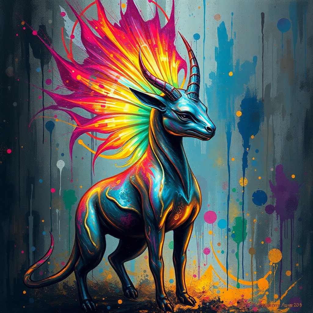 AI generated art for prompt: A mystical creature with an iridescent horn radiating a spectrum of colors stands in a chaotic backd