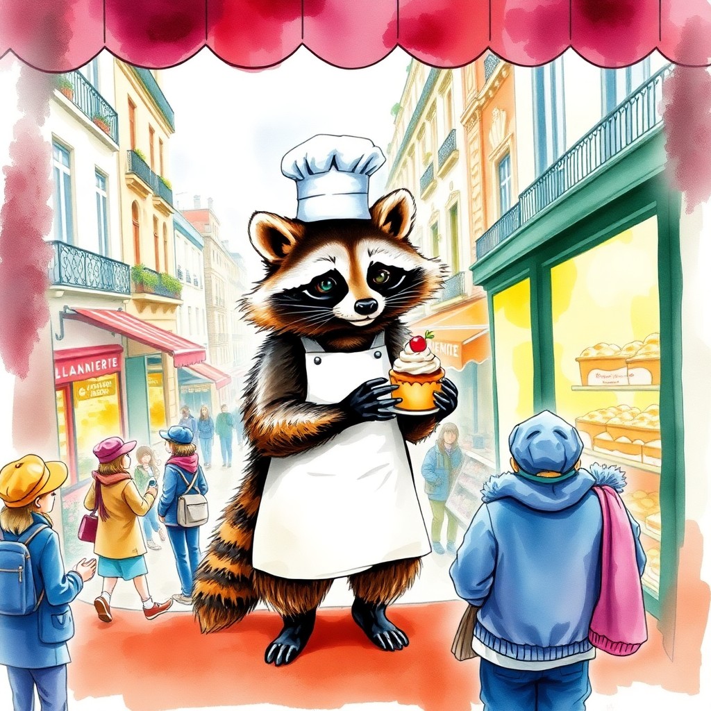 AI generated art for prompt: An whimsical watercolor illustration showcasing an anthropomorphic raccoon chef in a lively, imagina