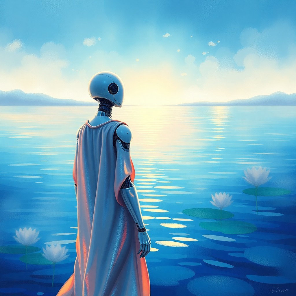 AI generated art for prompt: An android figure with shimmering skin stands near an impressionistic body of water, its iridescent 