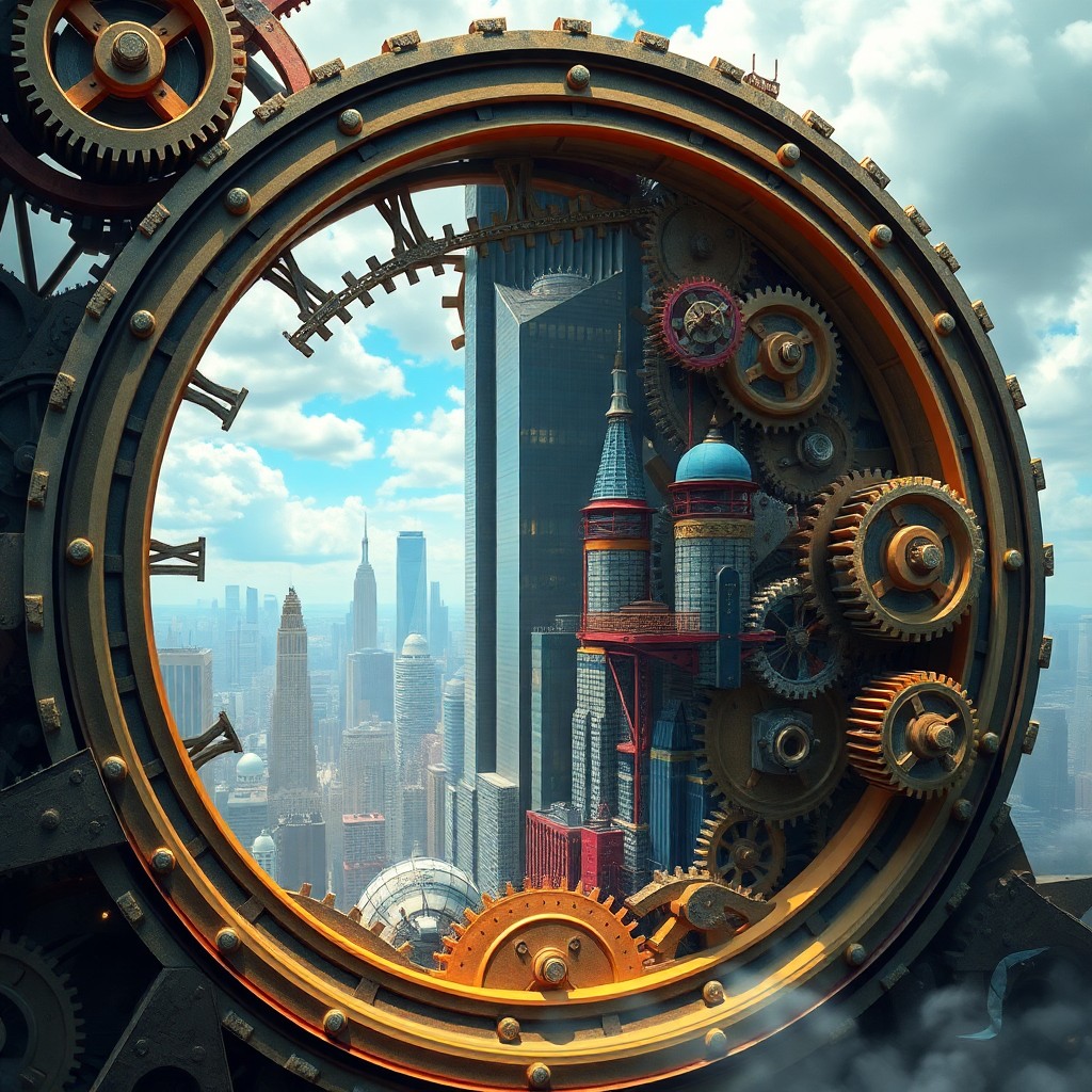 AI generated art for prompt: A dreamlike cityscape emerges from within an enormous clockwork mechanism, where towering skyscraper