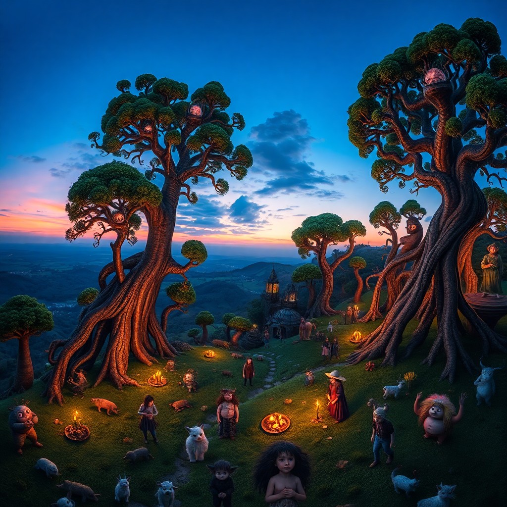 AI generated art for prompt: An enchanting panorama emerges beneath the twilight sky, featuring whimsical creatures roaming freel