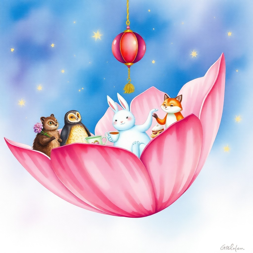 AI generated art for prompt: A whimsical watercolor painting depicting an enchanting tea party on a colossal floating blossom in 