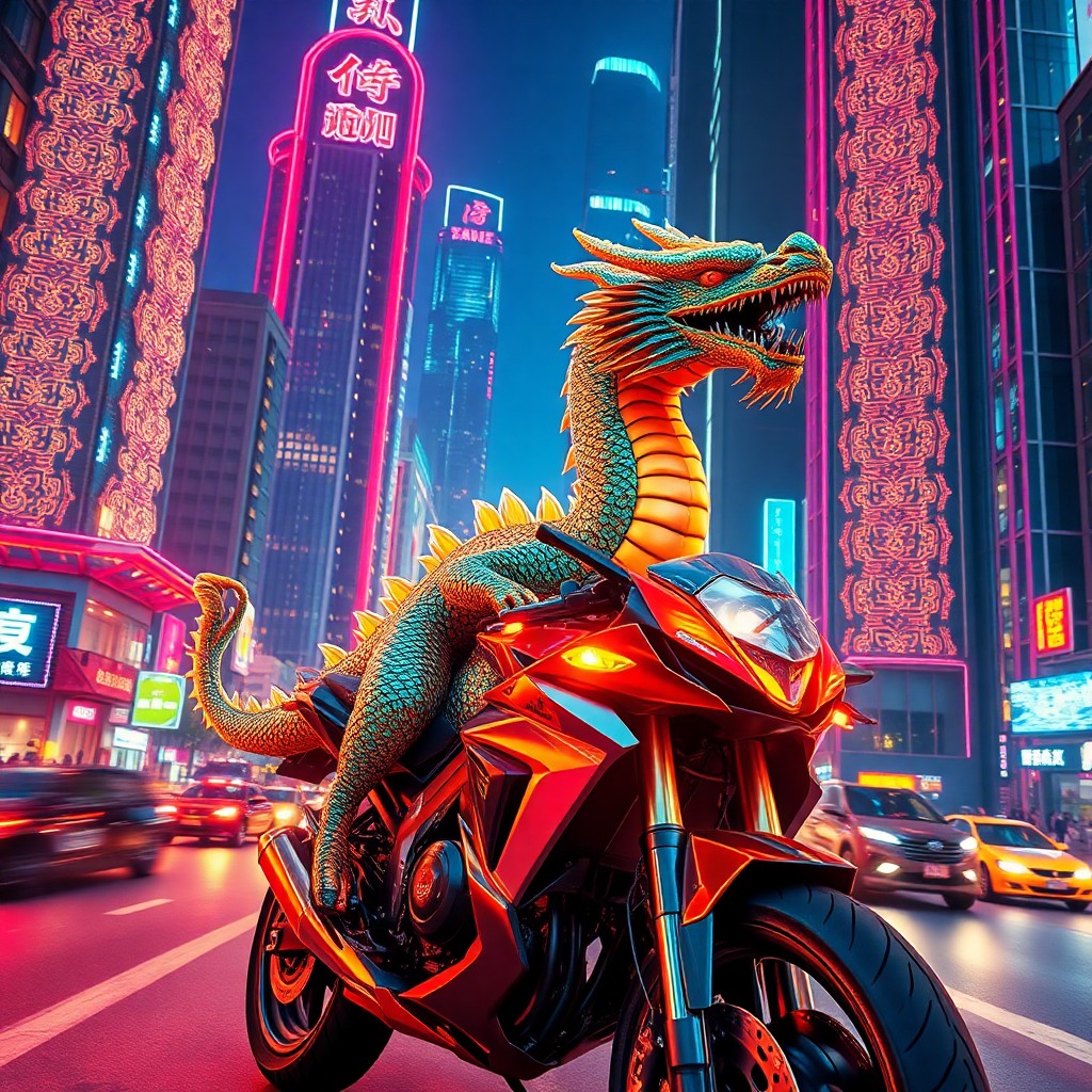 AI generated art for prompt: A vivid scene depicts a dragon astride a sleek motorcycle, weaving through a bustling futuristic cit