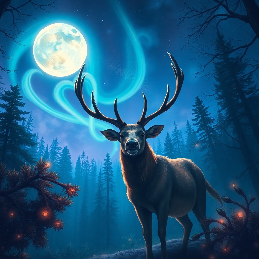 AI generated art for prompt: A dreamlike digital painting captures a tranquil moonlit forest from an enchanting first-person view