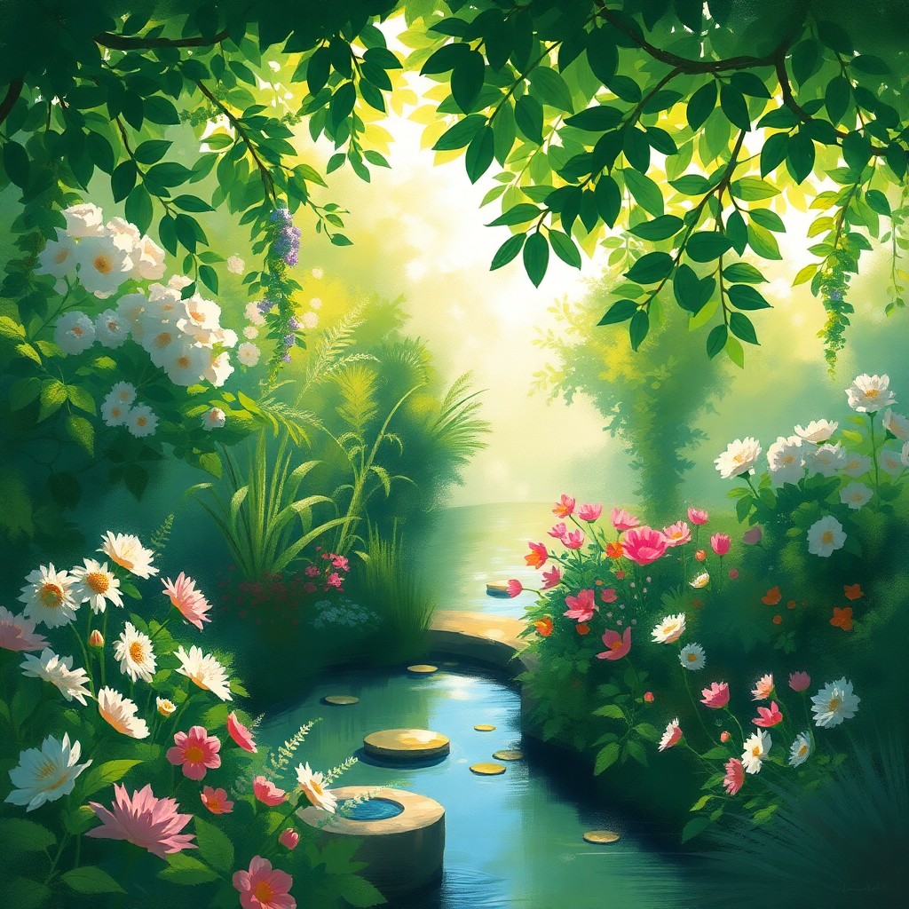 AI generated art for prompt: Craft an impressionistic digital artwork capturing a tranquil garden bathed in soft morning light fi