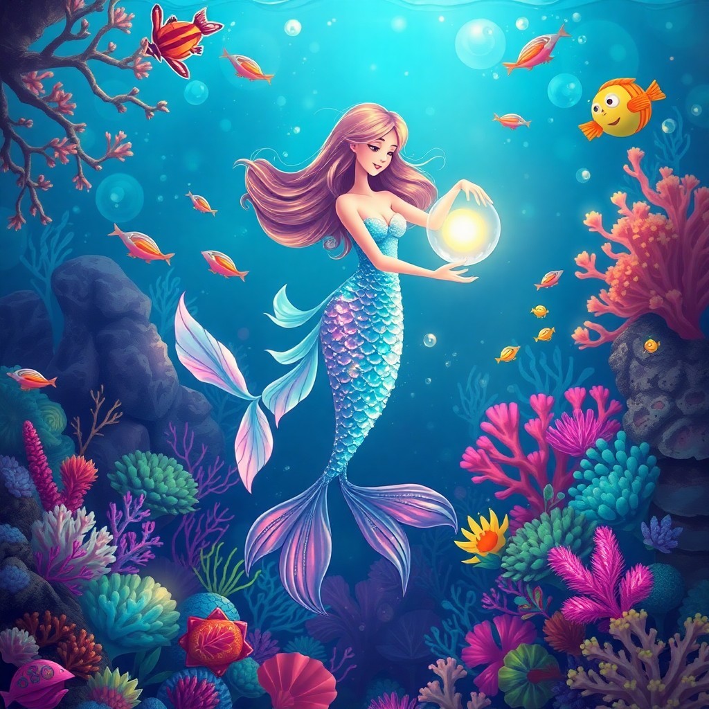 AI generated art for prompt: A whimsical digital illustration captures an enchanting underwater scene where a graceful mermaid gr