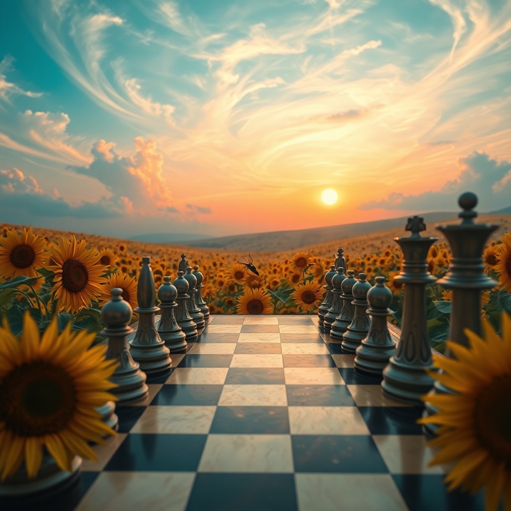 AI generated art for prompt: A dreamlike landscape unfolds with a vast chessboard spanning across an idyllic sunflower field, bat