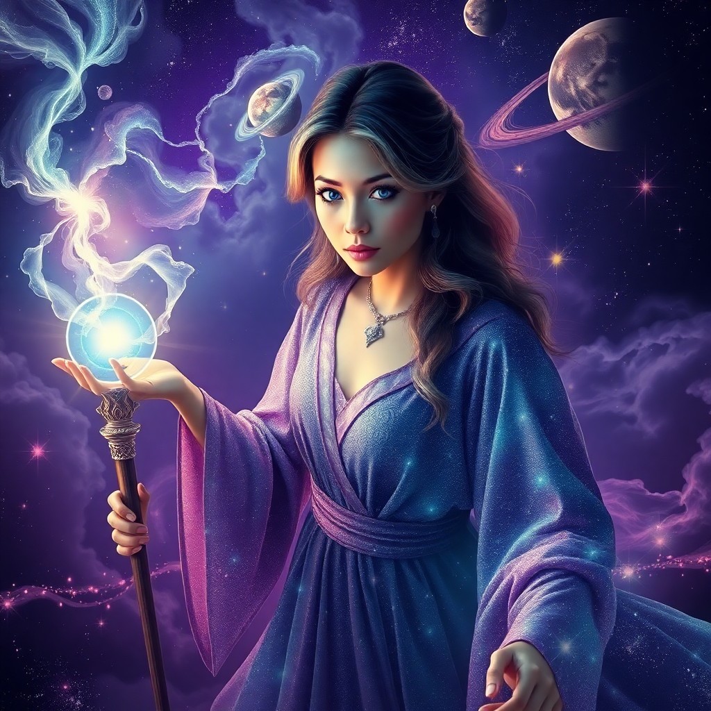 AI generated art for prompt: A mesmerizing digital artwork portraying an enchanting celestial sorceress in shimmering robes adorn