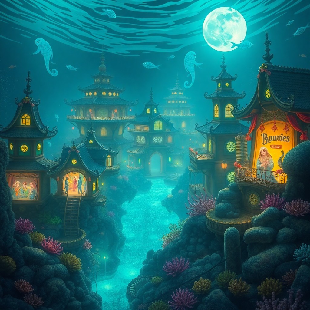 AI generated art for prompt: Envision an alluring underwater realm reminiscent of Hayao Miyazaki's whimsical worlds, where a live