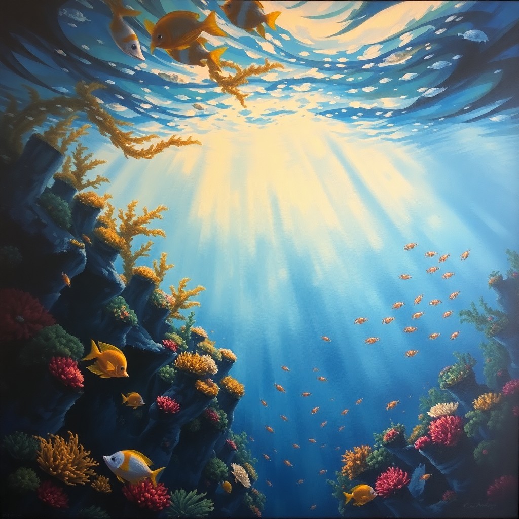 AI generated art for prompt: Craft an awe-inspiring oil painting that portrays an alluring underwater vista reminiscent of Impres