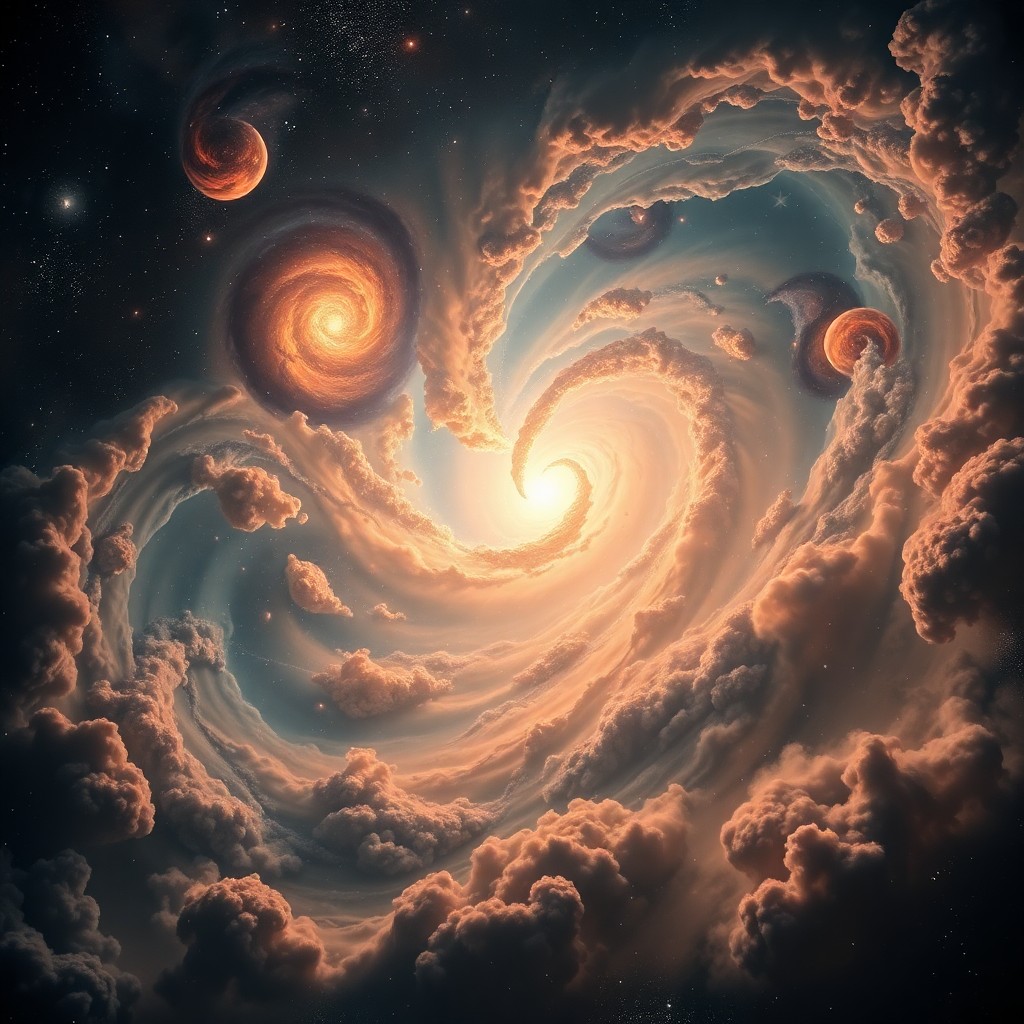 AI generated art for prompt: A celestial ballet unfolds within an ethereal nebula as galaxies collide in a mesmerizing dance of c