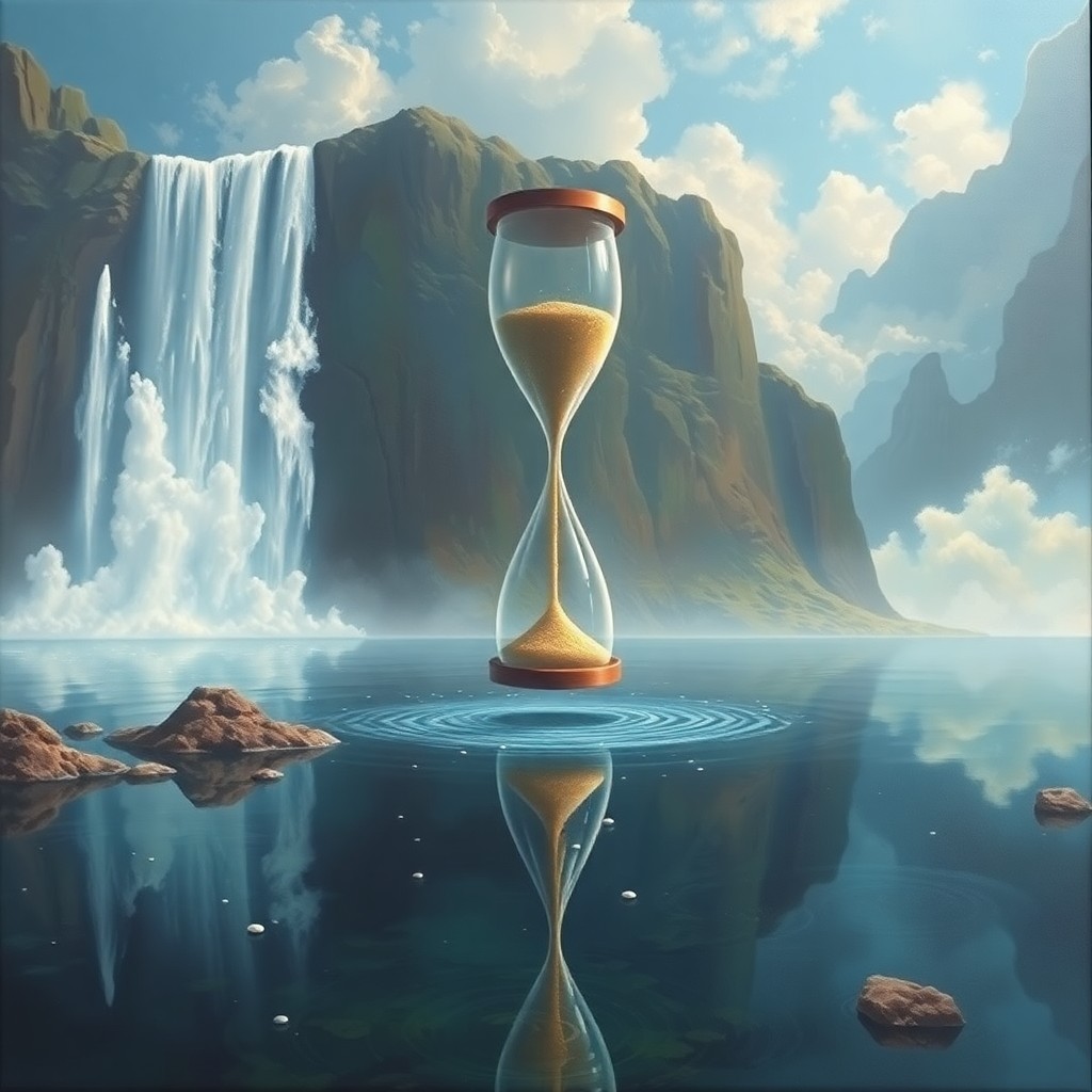 AI generated art for prompt: A surreal seascape painting in an ethereal surrealist style, featuring a grand waterfall cascading i