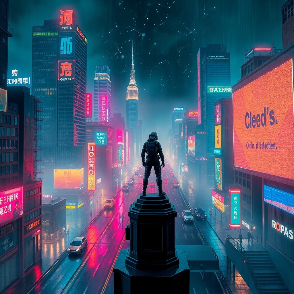 AI generated art for prompt: Craft an image reminiscent of vintage sci-fi posters, portraying a futuristic metropolis at night fr