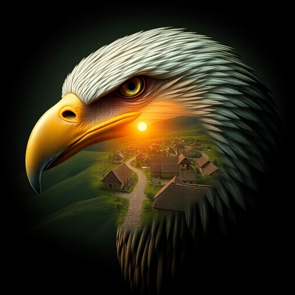 AI generated art for prompt: An enigmatic scene depicting an eagle's head replaced with a detailed landscape, featuring a quaint 