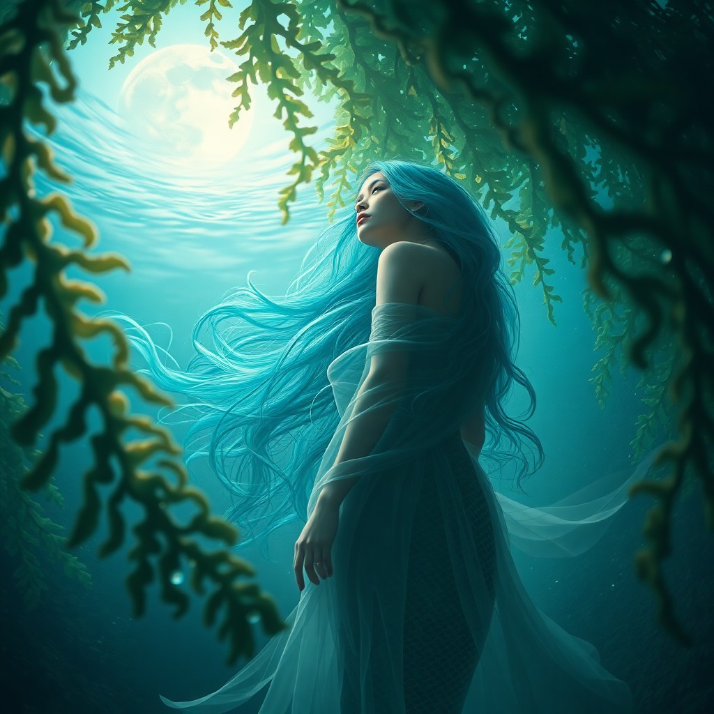 AI generated art for prompt: A captivating portrait depicts an enigmatic mermaid princess gazing wistfully at the distant horizon