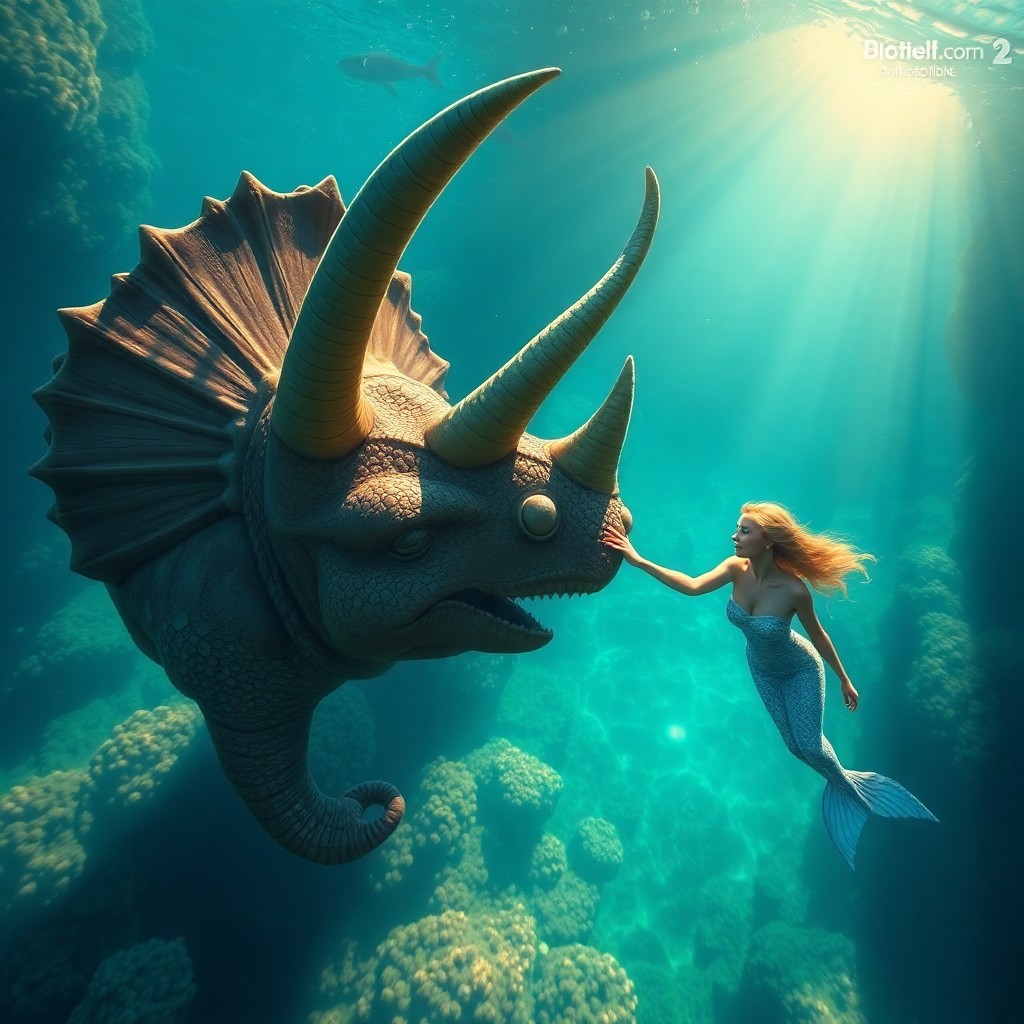 AI generated art for prompt: An enchanting digital artwork portrays an underwater haven where fantastical creatures interact harm