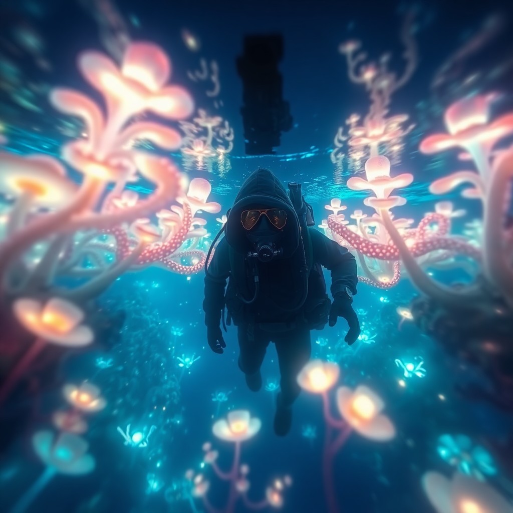 AI generated art for prompt: Craft an image in the digital impressionist style that depicts a surreal underwater environment with