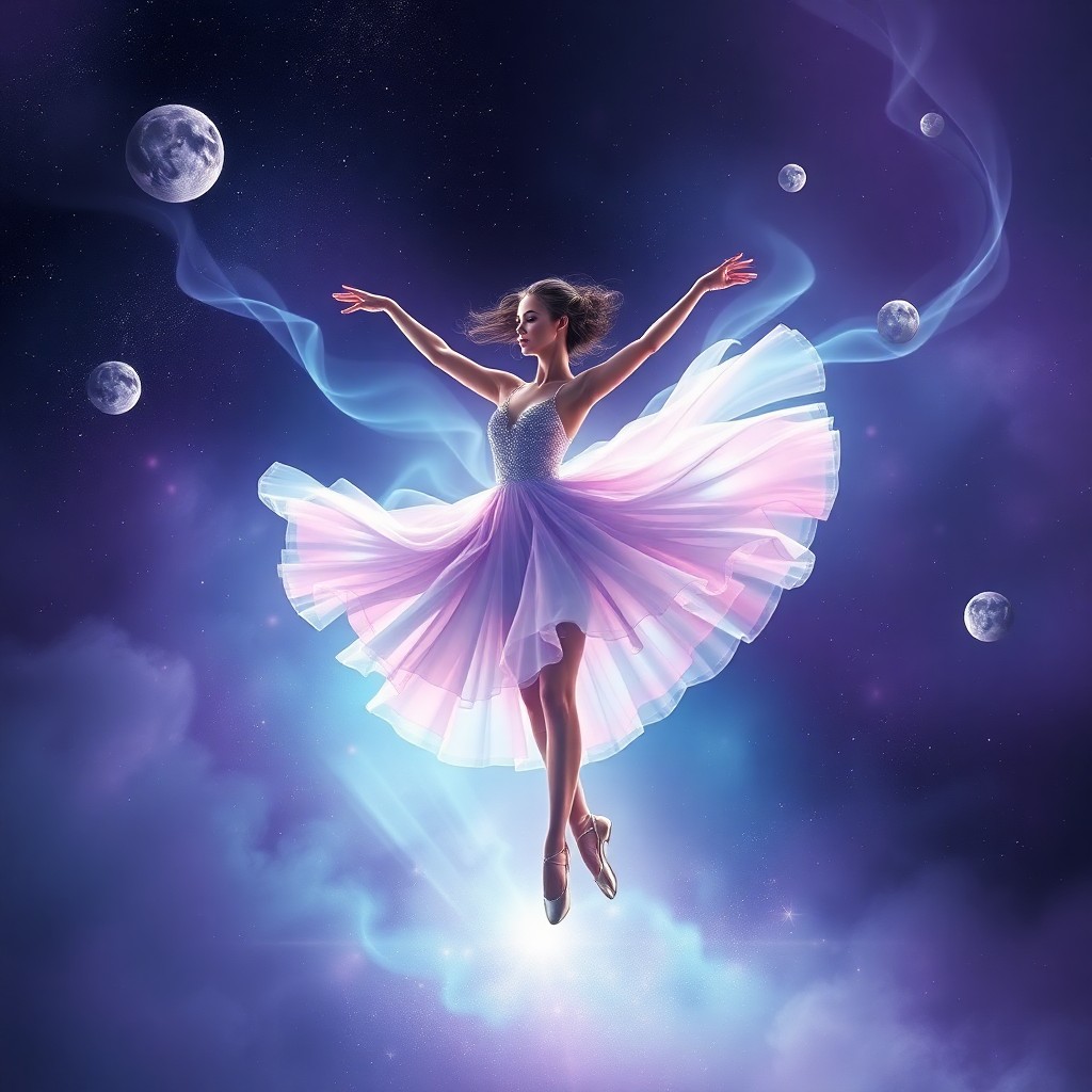 AI generated art for prompt: A captivating digital artwork showcases an ethereal dancer performing an enchanting pirouette amidst