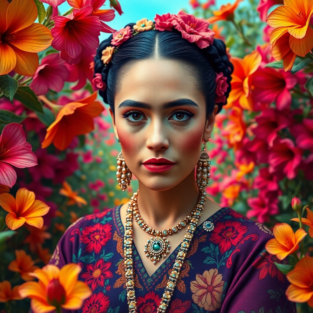 AI generated art for prompt: Craft an image that blends the vibrant hues and intimate self-reflection of Kahlo's portraits with D