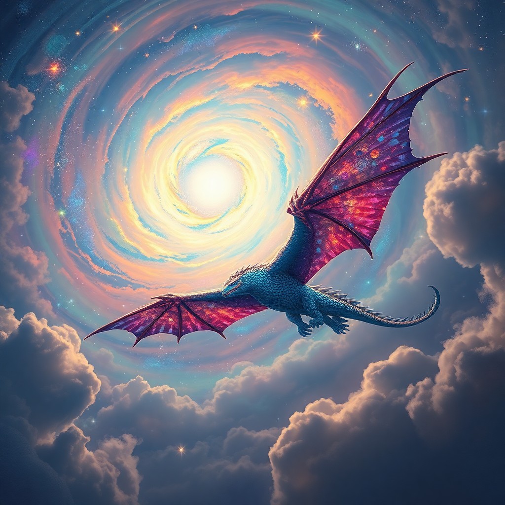 AI generated art for prompt: An awe-inspiring dragon gracefully glides across a celestial sky, its scales reflecting an array of 