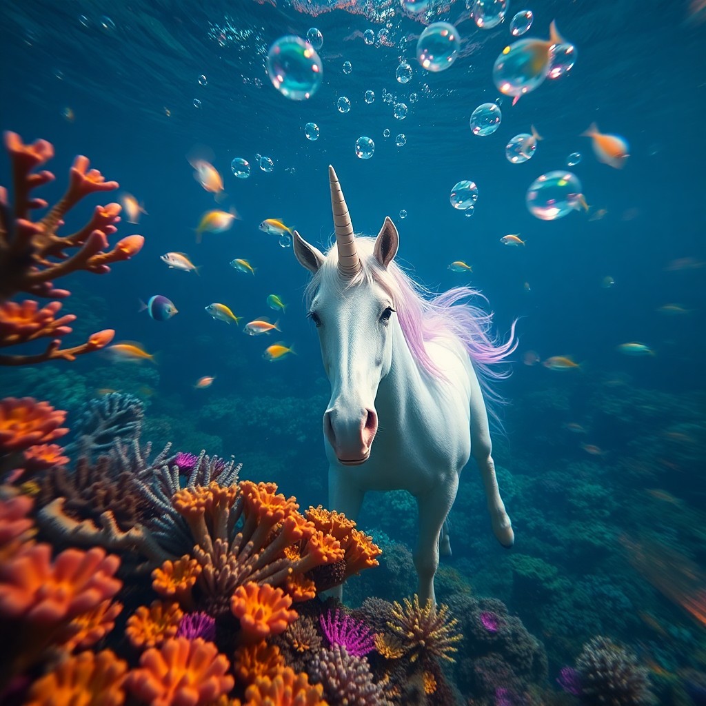 AI generated art for prompt: A surreal underwater tableau featuring an enchanting unicorn drifting serenely amidst kaleidoscopic 