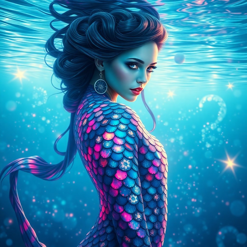 AI generated art for prompt: A surreal digital art portrait showcases an enigmatic mermaid with scales that shimmer and change hu