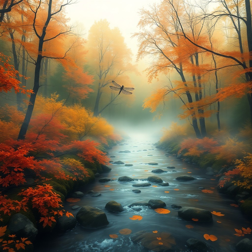 AI generated art for prompt: Craft an impressionistic digital artwork depicting a tranquil autumn forest enveloped in mist, as se