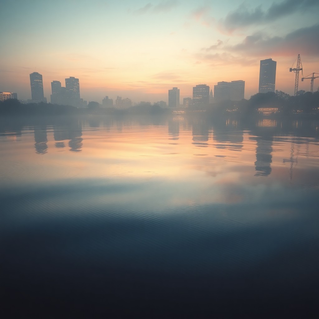 AI generated art for prompt: An imaginative composition blending serene pond scenes with urban twilight hues, this unique artwork