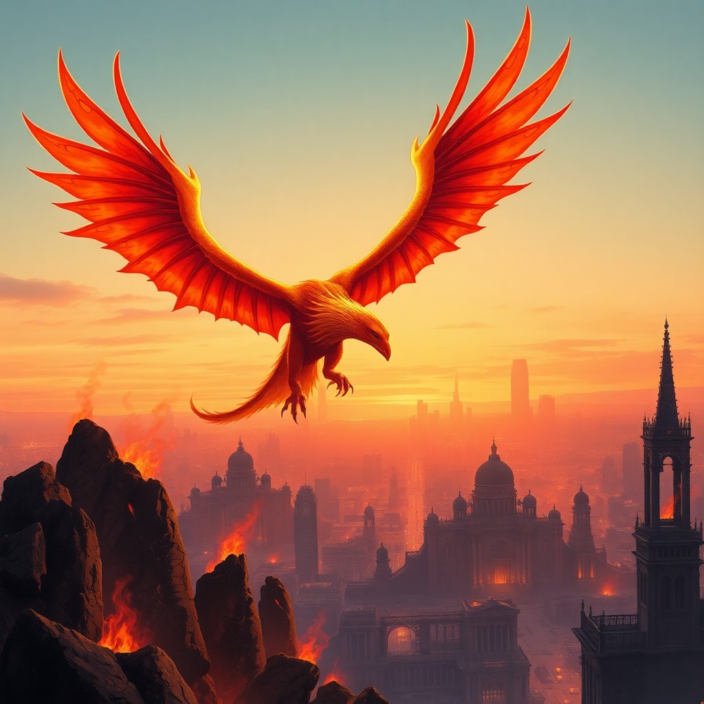 AI generated art for prompt: A resplendent mythical bird ascends from charred remnants in an illustration style akin to Gustave D