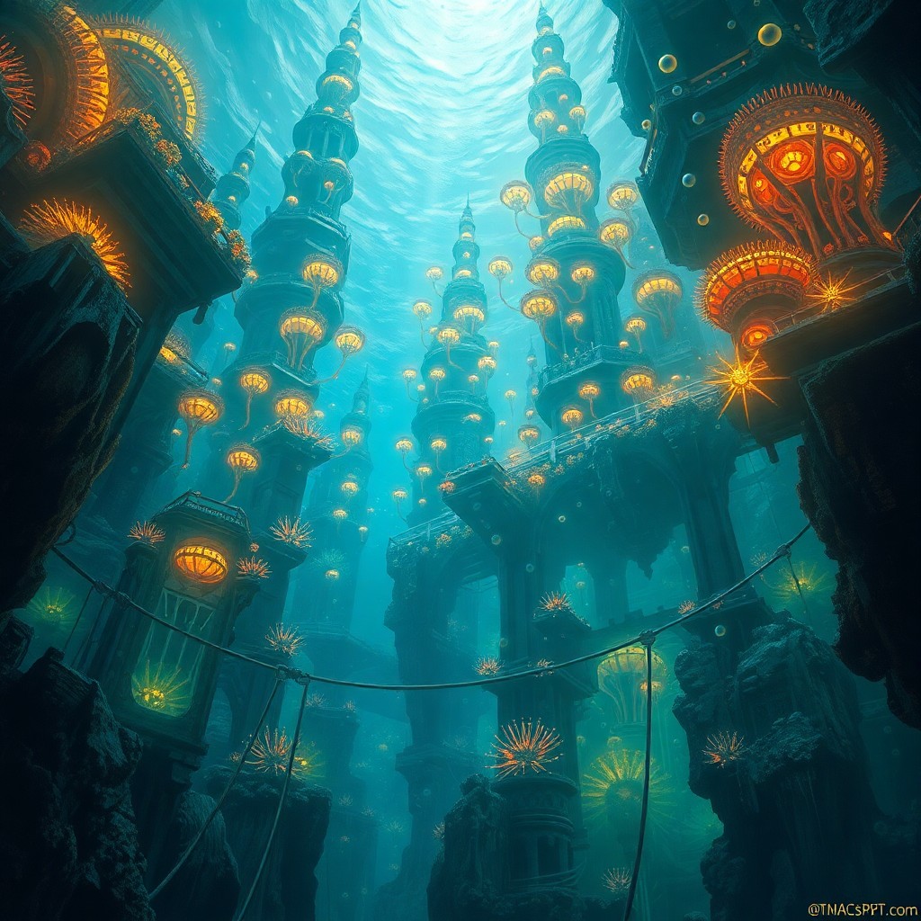 AI generated art for prompt: A mesmerizing digital artwork showcases an enigmatic underwater metropolis, reminiscent of James Cam