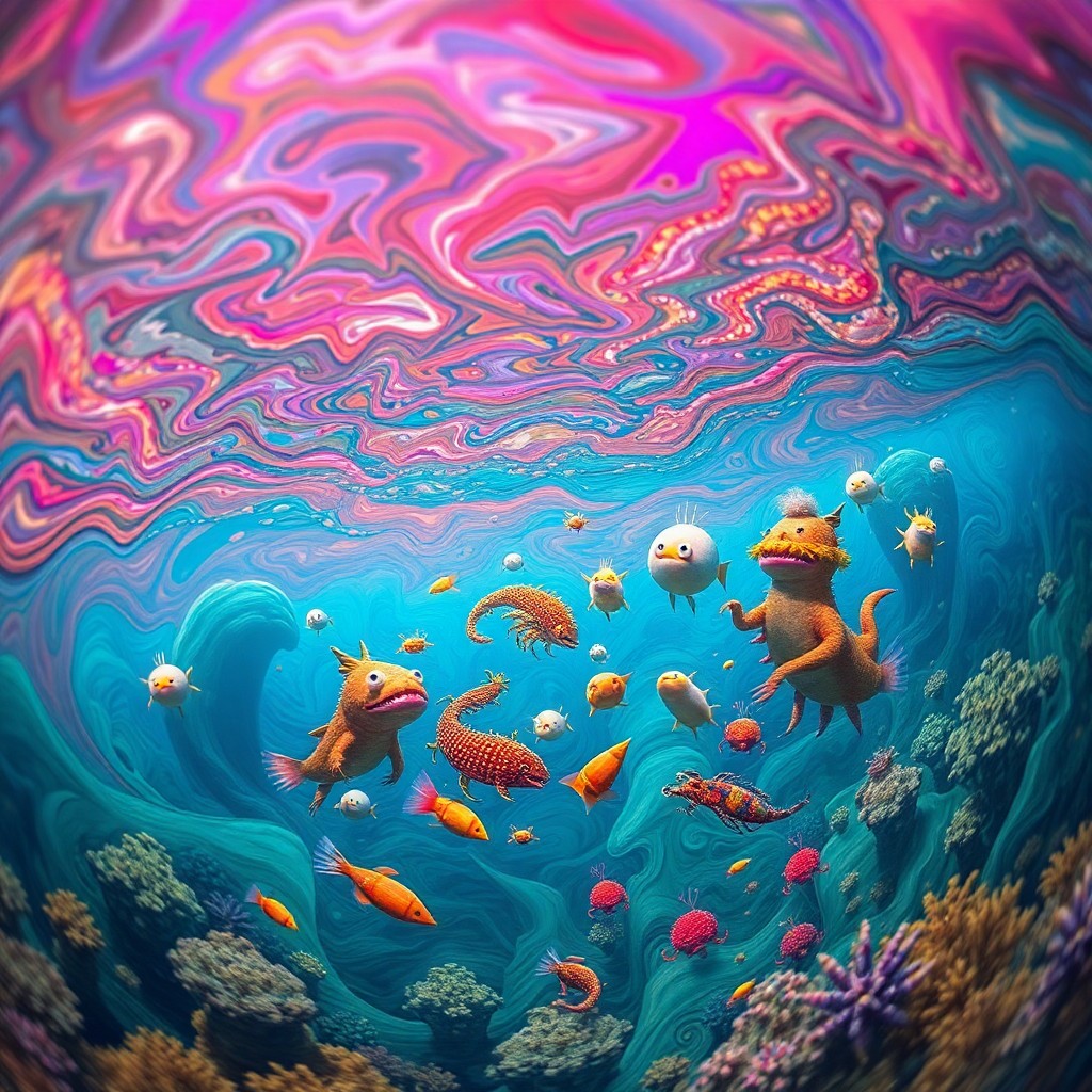 AI generated art for prompt: Imagine an enchanting underwater scene where surrealism meets dreamy landscapes, with swirling curre