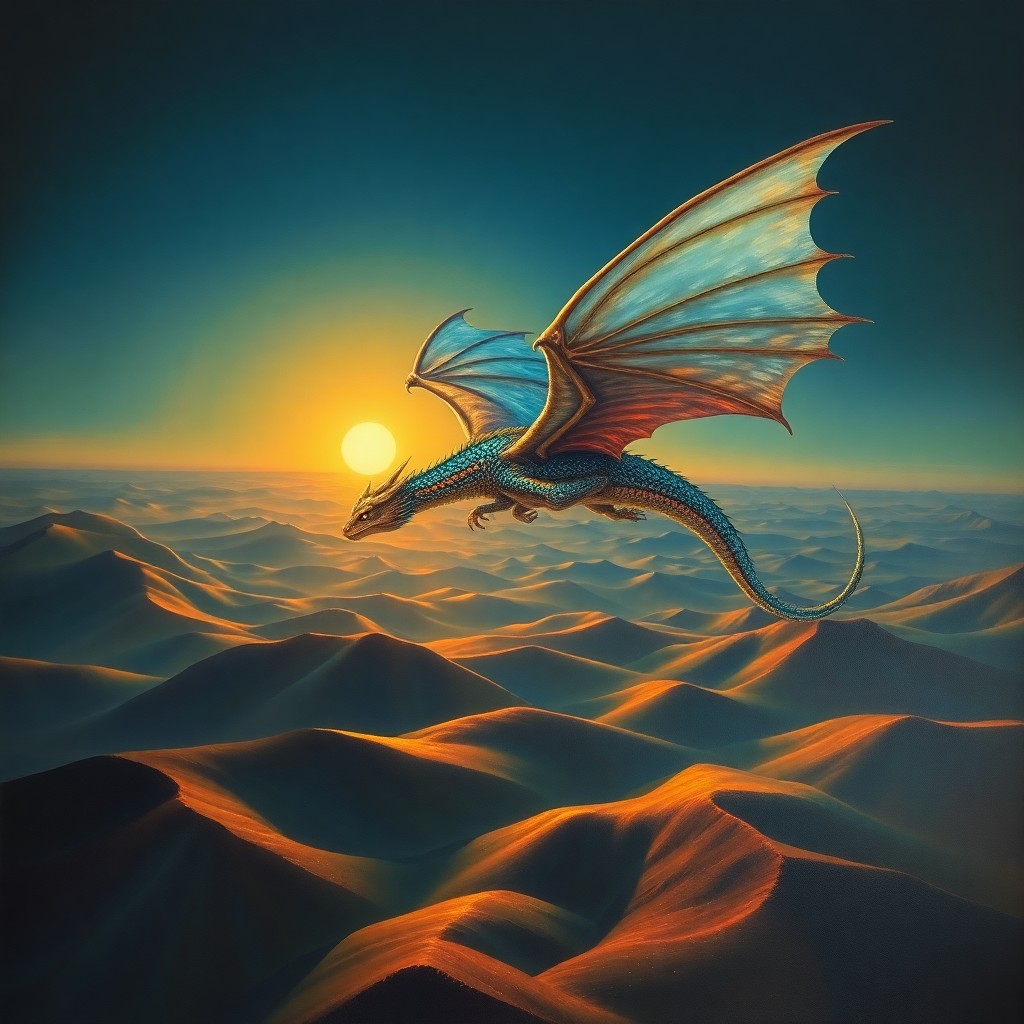 AI generated art for prompt: A surreal oil painting capturing an awe-inspiring dragon in flight over a dreamlike landscape, remin