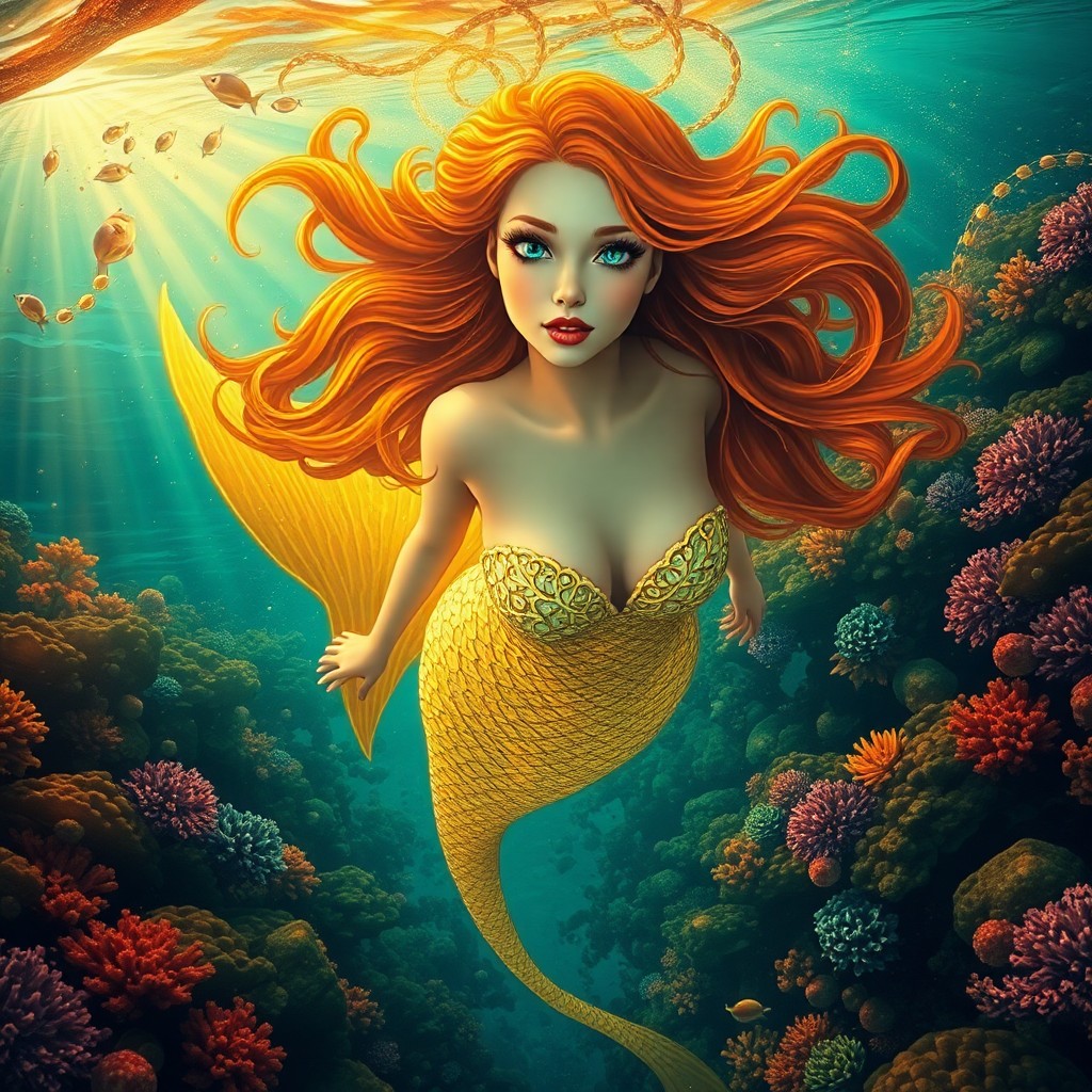 AI generated art for prompt: Envision an enchanting underwater scene where a majestic mermaid with flowing auburn hair and captiv