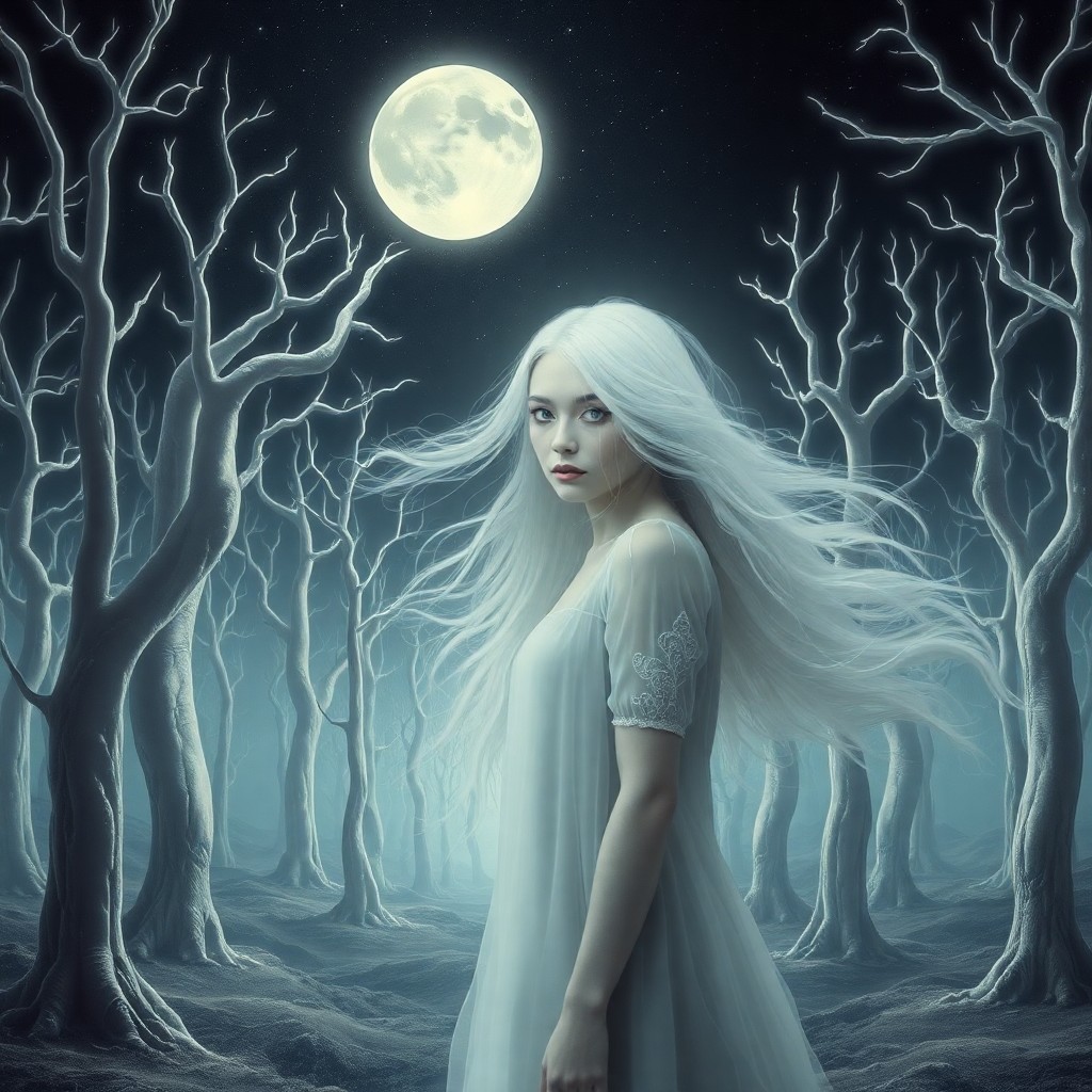 AI generated art for prompt: A haunting portrait in a surreal style depicts a ghostly woman with flowing white hair and pale blue